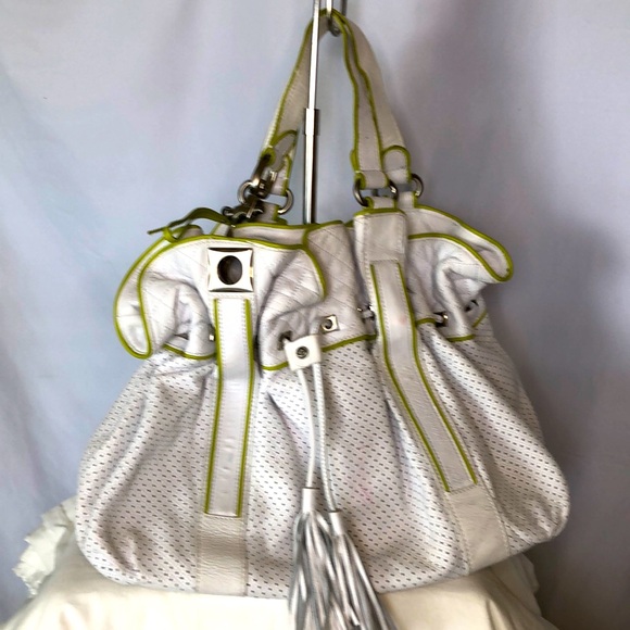 FRANCESCO BIASIA white leather lime green trimmed hobo style shoulder bag. - Picture 1 of 14